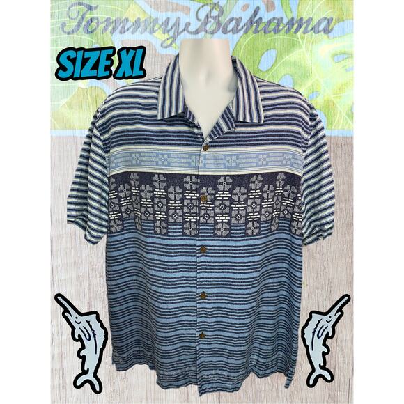 Tommy Bahama Silk Short Sleeve Button-Up Shirt Blue Stripe Geometric Size XL - Picture 1 of 8